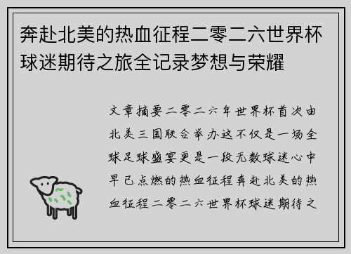 奔赴北美的热血征程二零二六世界杯球迷期待之旅全记录梦想与荣耀 奔赴北美的热血征程二零二六世界杯球迷期待之旅全记录梦想与荣耀